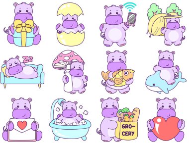 Tatlı su aygırı vektör ikonu. Komik bebek su aygırı hayvan serisi illüstrasyonu. Kabarık su aygırlarının hayatı