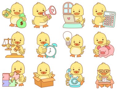 Şirin ördek vektör ikonu. Komik bebek ördek hayvan serisi örnekleri. Yumuşak Ördek Tasarımları Hayatı.