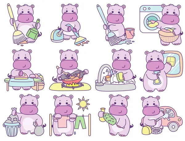 Tatlı su aygırı vektör ikonu. Komik bebek su aygırı hayvan serisi illüstrasyonu. Kabarık su aygırlarının hayatı.