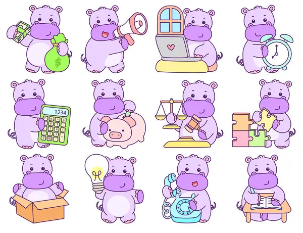 Tatlı su aygırı vektör ikonu. Komik bebek su aygırı hayvan serisi illüstrasyonu. Kabarık su aygırlarının hayatı