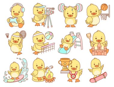 Şirin ördek vektör ikonu. Komik bebek ördek hayvan serisi örnekleri. Yumuşak Ördek Tasarımları Hayatı.