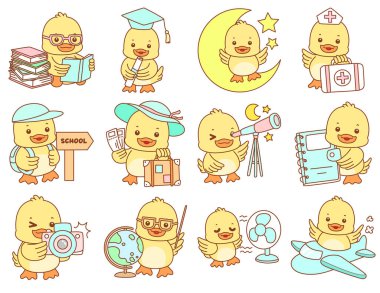 Şirin ördek vektör ikonu. Komik bebek ördek hayvan serisi örnekleri. Yumuşak Ördek Tasarımları Hayatı.