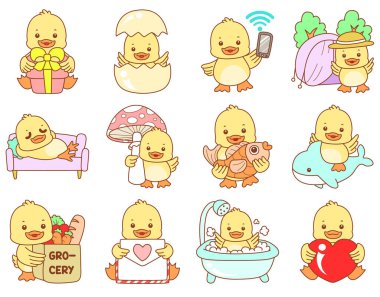 Şirin ördek vektör ikonu. Komik bebek ördek hayvan serisi örnekleri. Yumuşak Ördek Tasarımları Hayatı.