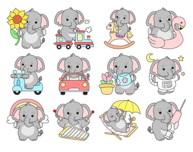 Şirin fil vektör ikonu. Komik bebek fil hayvan serisi illüstrasyonu. Yumuşak Fil Tasarımlarının Hayatı.