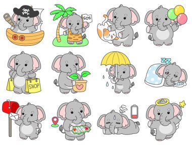 Şirin fil vektör ikonu. Komik bebek fil hayvan serisi illüstrasyonu. Yumuşak Fil Tasarımlarının Hayatı.