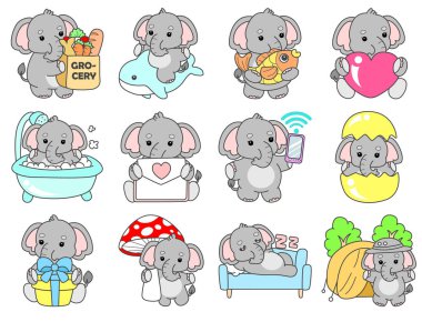 Şirin fil vektör ikonu. Komik bebek fil hayvan serisi illüstrasyonu. Yumuşak Fil Tasarımlarının Hayatı.