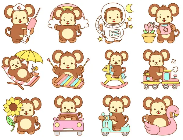 Şirin maymun vektör ikonu. Komik bebek maymun hayvan serisi örnekleri. Yumuşak Maymun Tasarımları Hayatı.