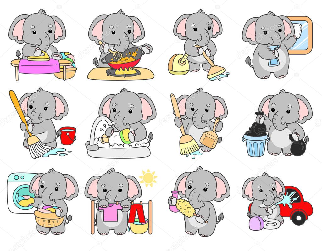 Cute Elephant vector icon. Funny baby Elephant animal series stock illustration. Life of fluffy Elephant designs.