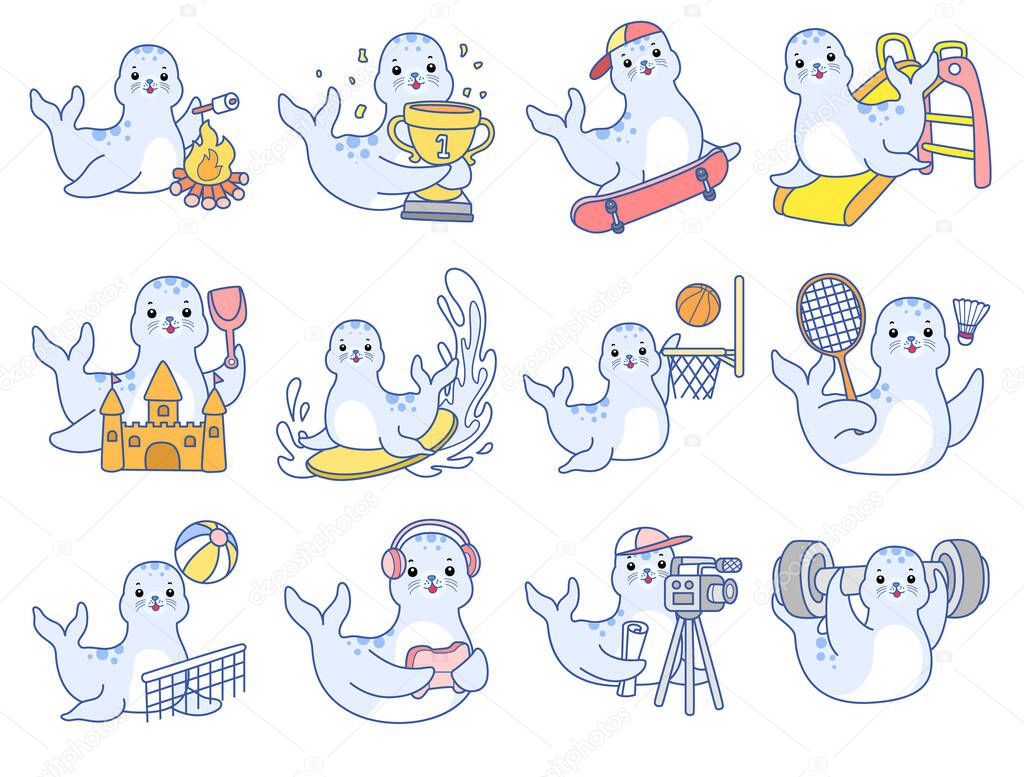 Cute Seal vector icon. Funny baby Seal animal series stock illustration. Life of fluffy Seal designs.