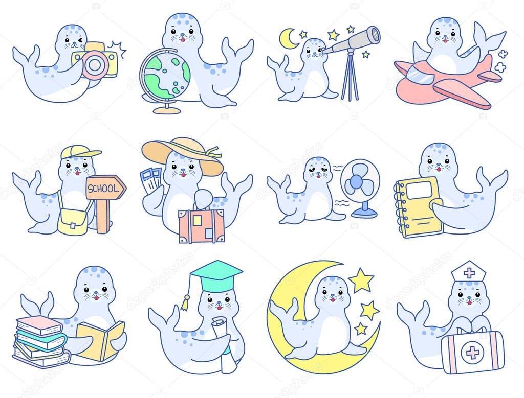 Cute Seal vector icon. Funny baby Seal animal series stock illustration. Life of fluffy Seal designs.
