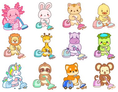 Yerde elektrikli süpürgeyle sevimli hayvan temizleme servisi çeşitleri.