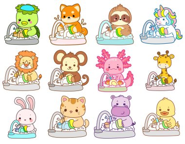 Sevimli vahşi hayvan ikonu. Yumuşak evcil hayvan etiketleri. Lavabodaki tabağı temizleyen sevimli hayvanlar.