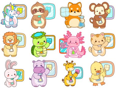 Sevimli vahşi hayvan ikonu. Yumuşak evcil hayvan etiketleri. Sevimli hayvanlar pencereyi siler