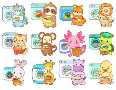 Sevimli vahşi hayvan ikonu. Yumuşak evcil hayvan etiketleri. Çamaşır makinesindeki çamaşırları temizleyen sevimli hayvanlar.