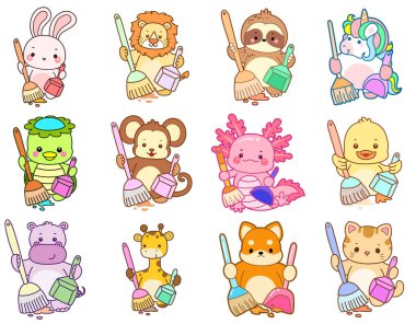 Sevimli vahşi hayvan ikonu. Yumuşak evcil hayvan etiketleri. Yerleri süpürge ve toz beziyle temizleyen sevimli hayvanlar.