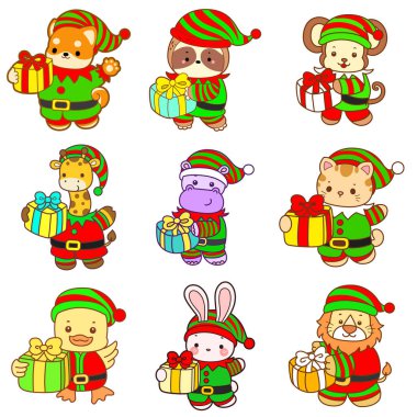 Sevimli vahşi hayvan ikonu. Yumuşak evcil hayvan etiketleri. Şirin cüce hayvanlar bir hediye kutusu getirir.