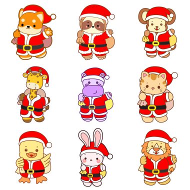 Sevimli vahşi hayvan ikonu. Yumuşak evcil hayvan etiketleri. Şirin Noel Baba ve hediye paketi.