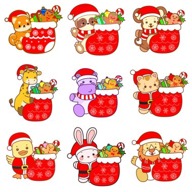 Sevimli vahşi hayvan ikonu. Yumuşak evcil hayvan etiketleri. Kırmızı çoraplı şirin Noel Baba hayvanları.