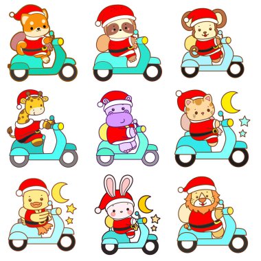 Sevimli vahşi hayvan ikonu. Yumuşak evcil hayvan etiketleri. Mobilete binen şirin Noel Baba hayvanları