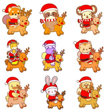 Sevimli vahşi hayvan ikonu. Yumuşak evcil hayvan etiketleri. Ren geyikli şirin Noel Baba hayvanları