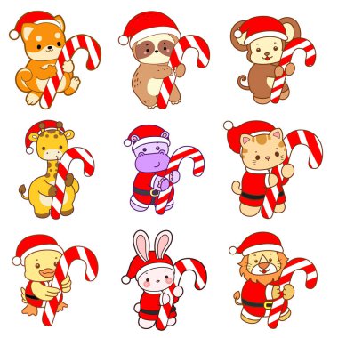 Sevimli vahşi hayvan ikonu. Yumuşak evcil hayvan etiketleri. Çubuk şekerli şirin Noel Baba hayvanları