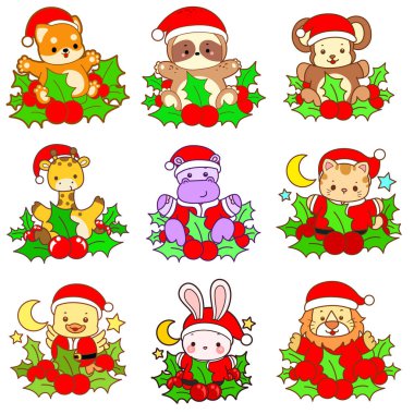 Sevimli vahşi hayvan ikonu. Yumuşak evcil hayvan etiketleri. Kiraz bitkilerinin ortasında şirin Noel Baba hayvanları