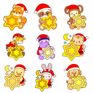 Sevimli vahşi hayvan ikonu. Yumuşak evcil hayvan etiketleri. Sarı yıldızlı şirin Noel Baba hayvanları