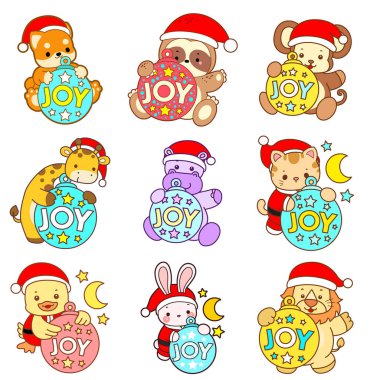 Sevimli vahşi hayvan ikonu. Yumuşak evcil hayvan etiketleri. Mutlu Noel dekorlu şirin hayvanlar.