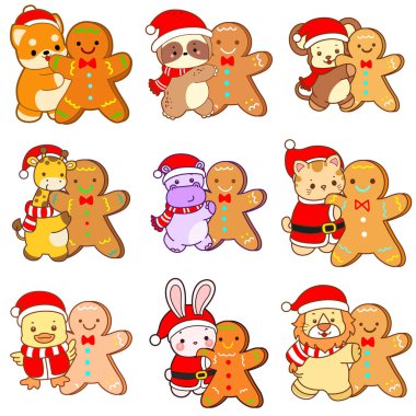 Sevimli vahşi hayvan ikonu. Yumuşak evcil hayvan etiketleri. Zencefilli ekmekli şirin Noel Baba hayvanları