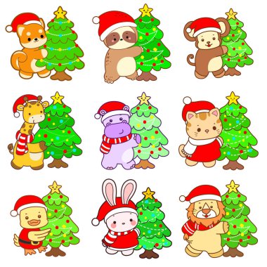 Sevimli vahşi hayvan ikonu. Yumuşak evcil hayvan etiketleri. Şirin Noel Baba hayvanları Noel ağacı getirir.