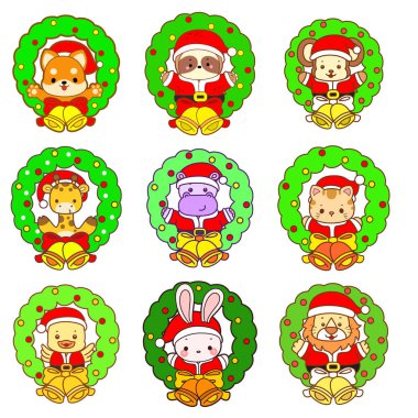 Sevimli vahşi hayvan ikonu. Yumuşak evcil hayvan etiketleri. Bitki dekorasyonunun ortasında sevimli Noel Baba hayvanları