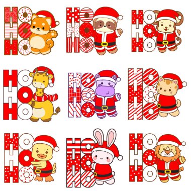 Sevimli vahşi hayvan ikonu. Yumuşak evcil hayvan etiketleri. Sevimli Noel Baba Hayvanı Ho Ho mesajı getirmiş.