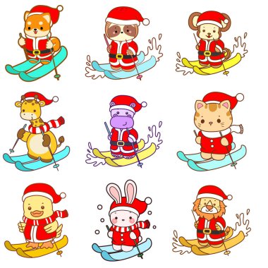 Sevimli vahşi hayvan ikonu. Yumuşak evcil hayvan etiketleri. Buz pateni oynayan şirin Noel Baba Hayvanlar