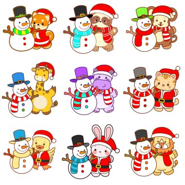 Sevimli vahşi hayvan ikonu. Yumuşak evcil hayvan etiketleri. Tatlı Noel Baba hayvanları ve kardan adam.