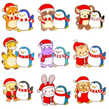 Sevimli vahşi hayvan ikonu. Yumuşak evcil hayvan etiketleri. Penguenli şirin Noel Baba hayvanları