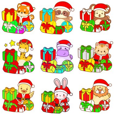 Sevimli vahşi hayvan ikonu. Yumuşak evcil hayvan etiketleri. Şirin Noel Baba hayvanları bir sürü boşluk yaratıyor.