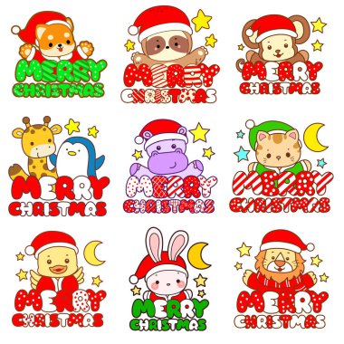 Sevimli vahşi hayvan ikonu. Yumuşak evcil hayvan etiketleri. Mutlu noeller mesajı olan şirin Noel Baba hayvanları.