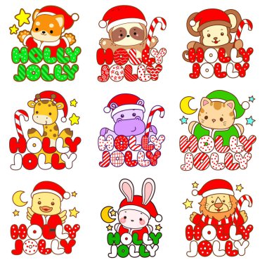 Sevimli vahşi hayvan ikonu. Yumuşak evcil hayvan etiketleri. Kutsal yazıları olan şirin Noel Baba Hayvanlar