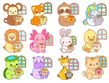 Sevimli vahşi hayvan ikonu. Yumuşak evcil hayvan etiketleri. Sıcak çayla rahatlayan sevimli hayvanlar.