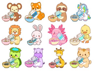 Sevimli vahşi hayvan ikonu. Yumuşak evcil hayvan etiketleri. Şirin hayvanlar mısır gevreği kasesine süt döküyorlar.