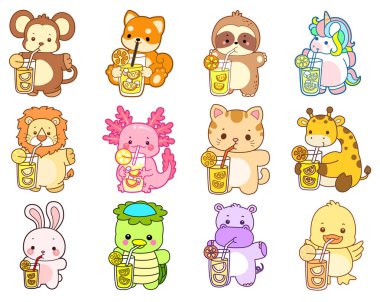 Sevimli vahşi hayvan ikonu. Yumuşak evcil hayvan etiketleri. Portakal suyu içen sevimli hayvanlar.