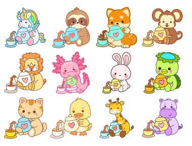 Sevimli vahşi hayvan ikonu. Yumuşak evcil hayvan etiketleri. Şirin hayvanlar çaydanlıktan çay dolduruyor.