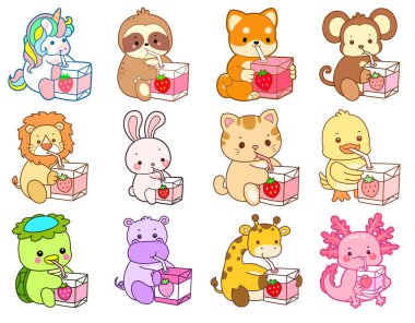 Sevimli vahşi hayvan ikonu. Yumuşak evcil hayvan etiketleri. Şirin hayvanlar çilekli süt getirir.