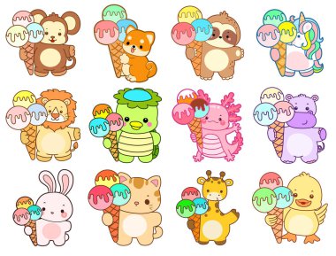 Sevimli vahşi hayvan ikonu. Yumuşak evcil hayvan etiketleri. Sevimli hayvanlar üç top dondurma getirir.