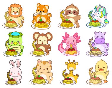 Sevimli vahşi hayvan ikonu. Yumuşak evcil hayvan etiketleri. Şirin hayvanlar spagetti yemek ister.