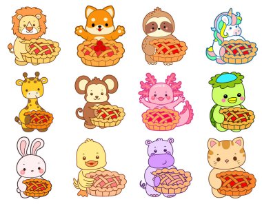 Sevimli vahşi hayvan ikonu. Yumuşak evcil hayvan etiketleri. Şirin hayvanlar kirazlı turta getirir.