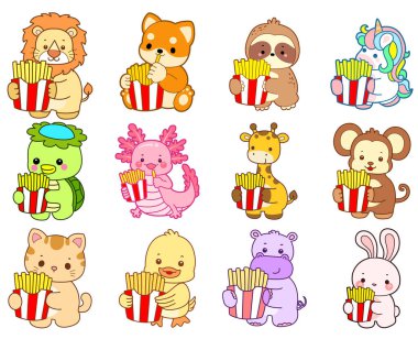 Sevimli vahşi hayvan ikonu. Yumuşak evcil hayvan etiketleri. Şirin hayvanlar patates kızartması getirir.