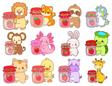 Sevimli vahşi hayvan ikonu. Yumuşak evcil hayvan etiketleri. Sevimli hayvanlar çilek reçeli getirir.