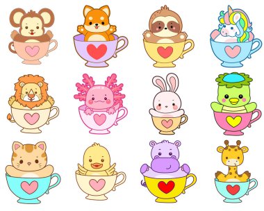 Sevimli vahşi hayvan ikonu. Yumuşak evcil hayvan etiketleri. Çay fincanına sıkışmış sevimli hayvanlar.