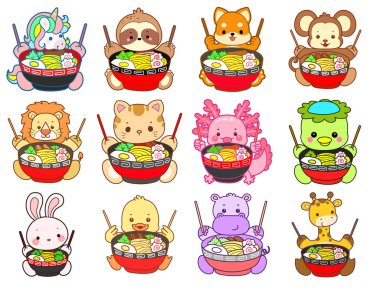 Sevimli vahşi hayvan ikonu. Yumuşak evcil hayvan etiketleri. Sevimli hayvanlar ramen yiyor.